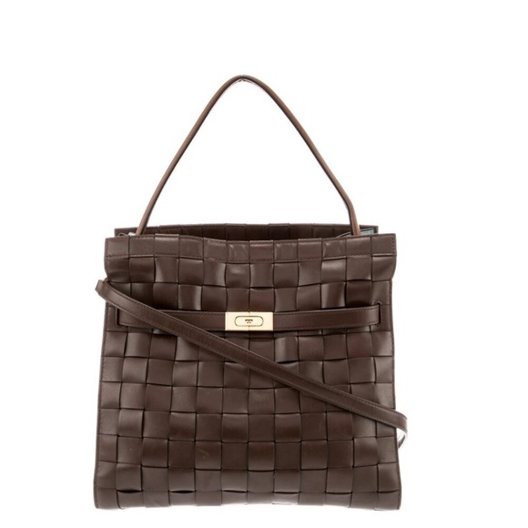 Tory Burch Lee Radziwell Woven Leather Double Bag in Cold Brew Brown - Picture 1 of 12